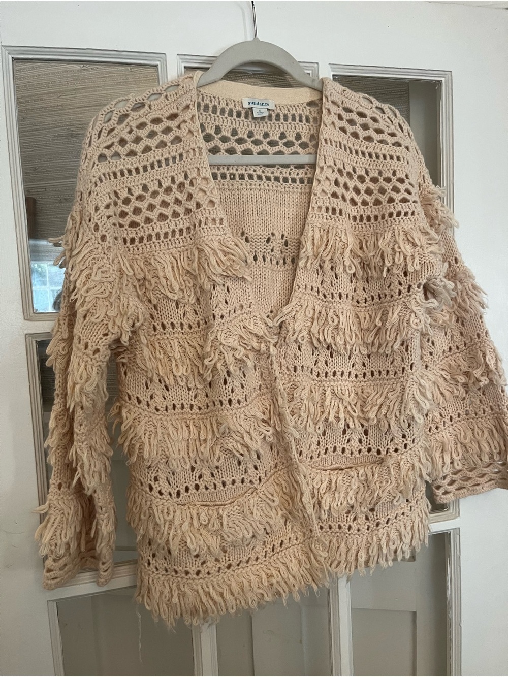 Sundance Open-Knit Fringe Cardigan Sweater - Cream